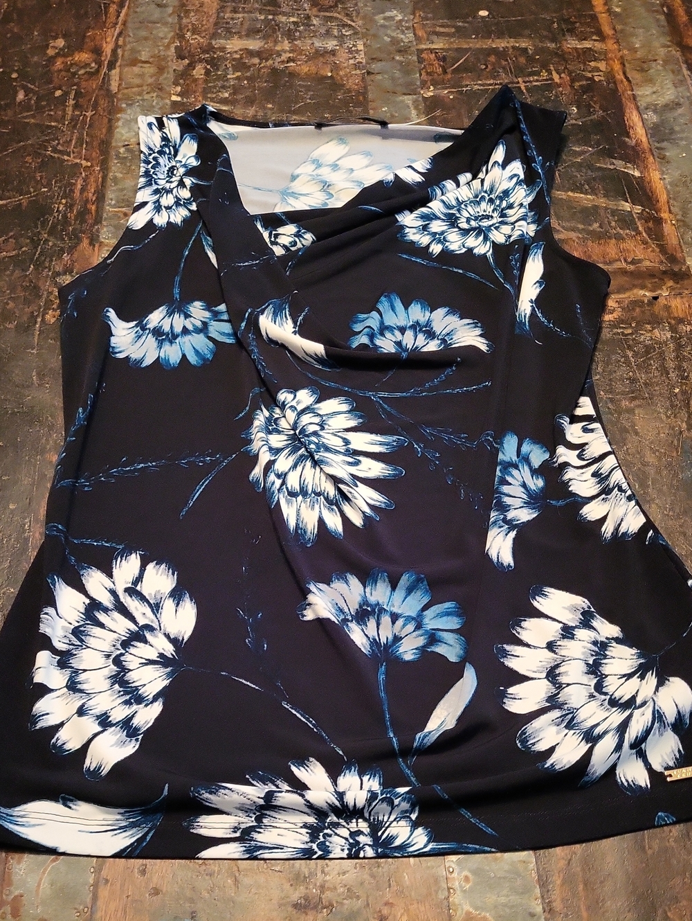 Ivanka Trump Black Floral Cowl Neck Tank with White and Blue Blooms